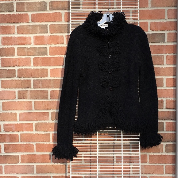 Vintage Black Cardigan with fringes in neck and end of sleeve S - Picture 1 of 3